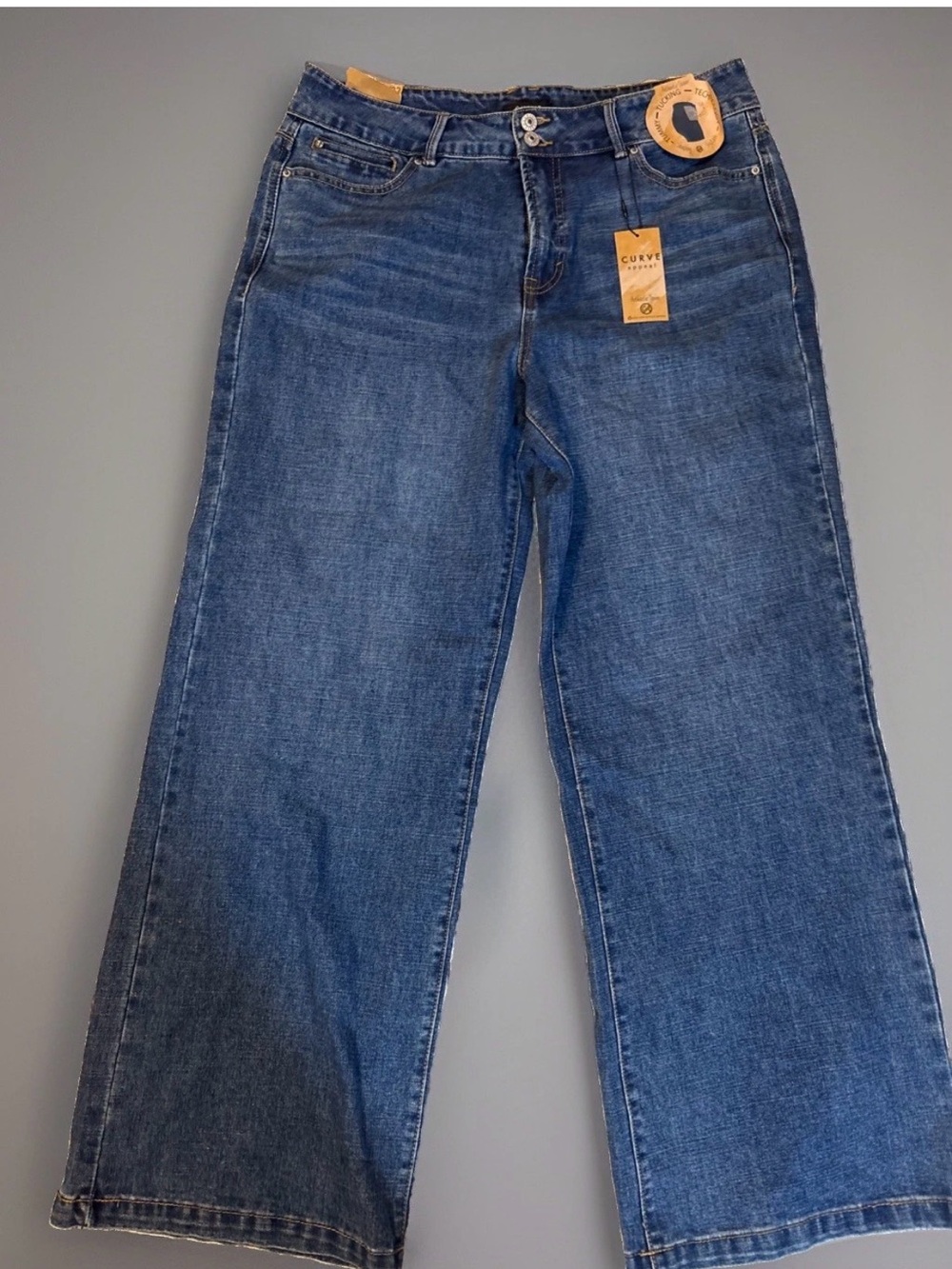 CURVE Appeal Medium Blue Denim High Rise Wide Leg Jeans 14/32 Tummy Tucking